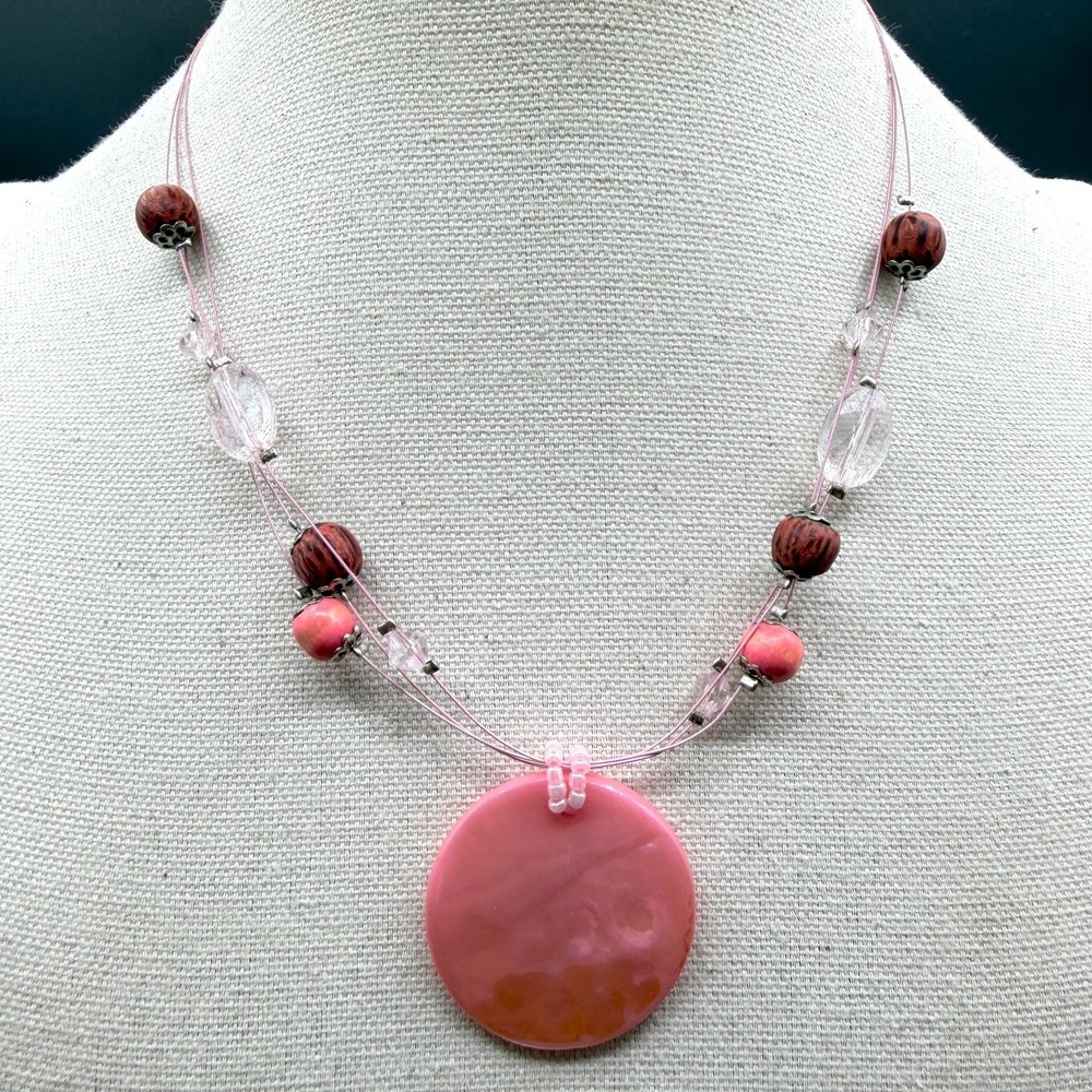 Pink Shell Disc Pendant Beaded Necklace Boho Statement Cottagecore Festival Gift